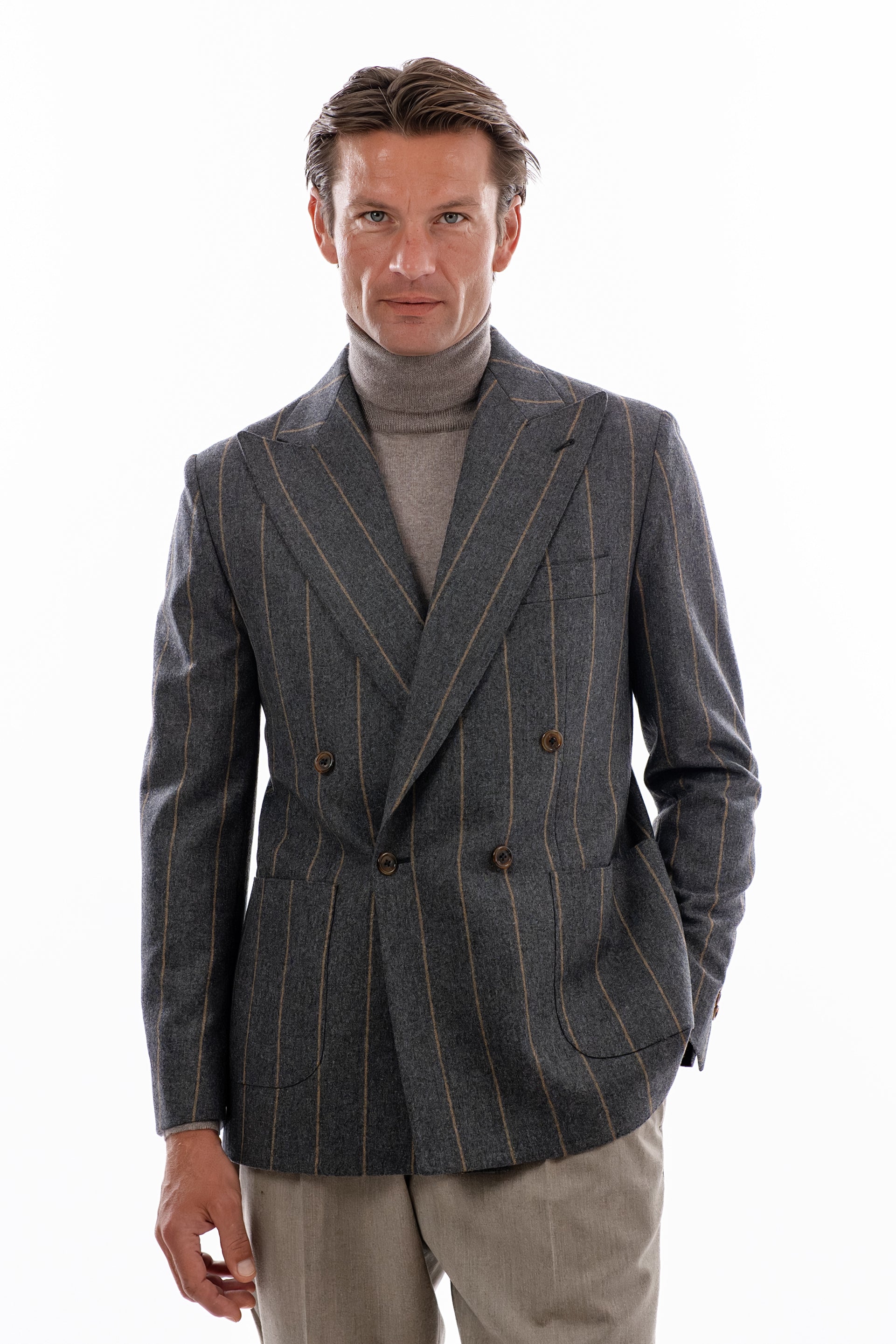 Gray and brown pinstripe double breasted blazer