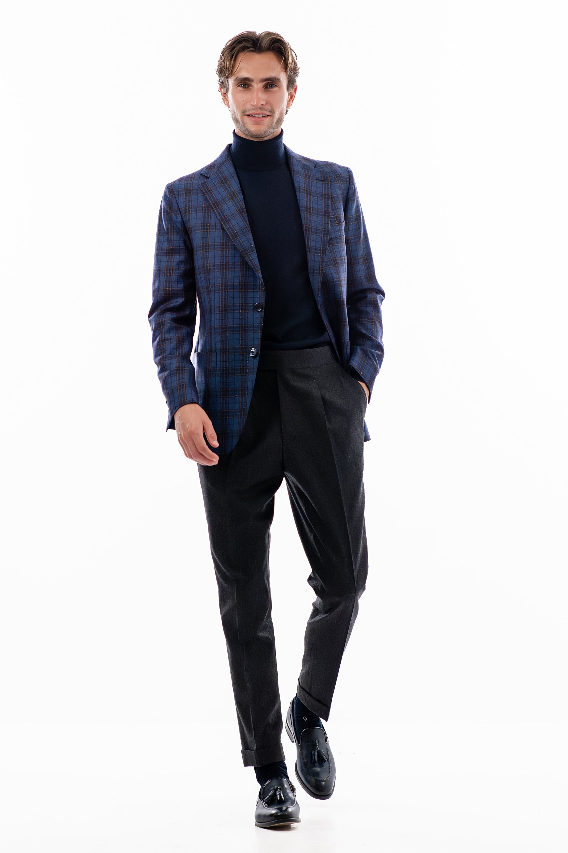Blue and brown windowpane blazer