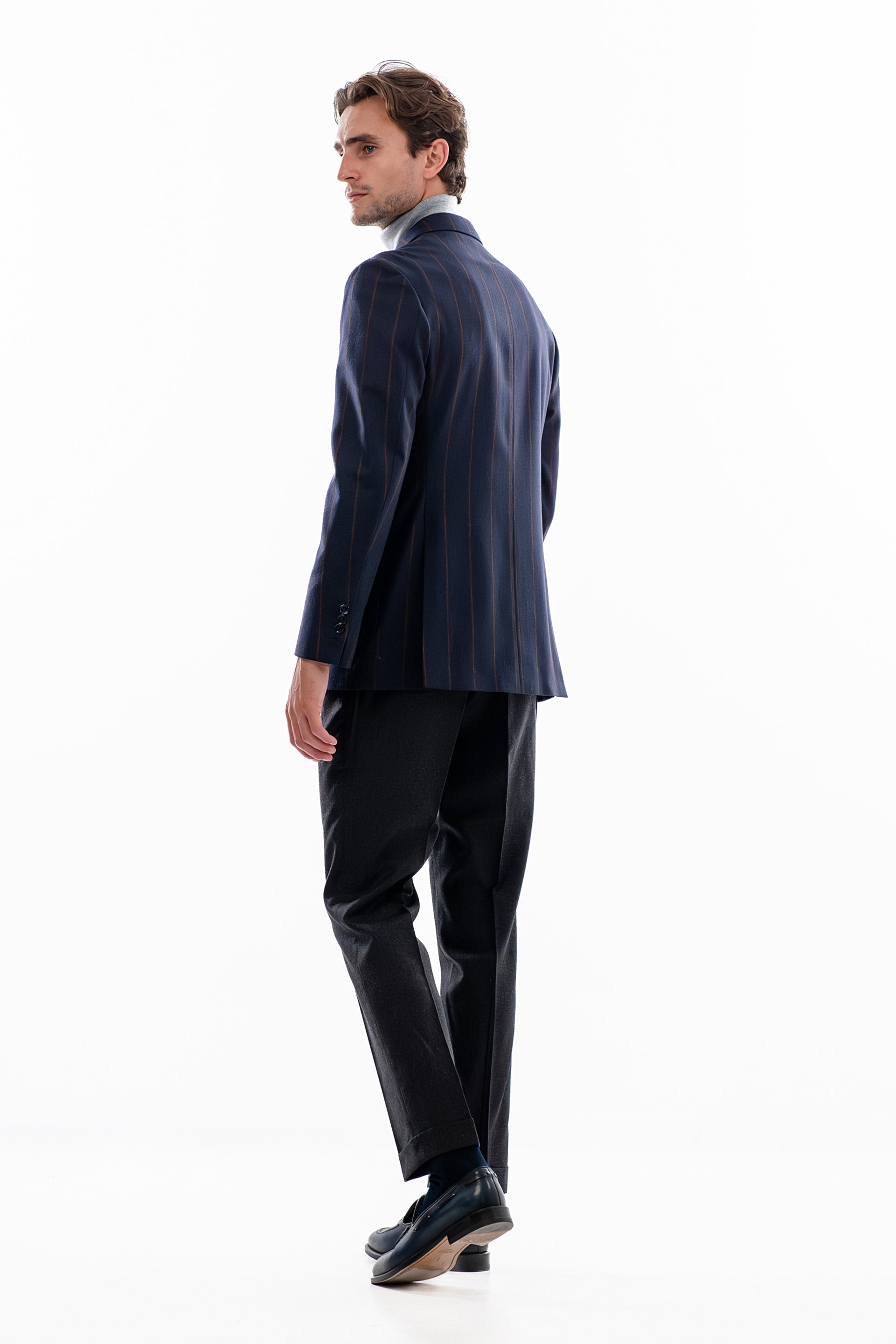 Blue and brown pinstripe double breasted blazer