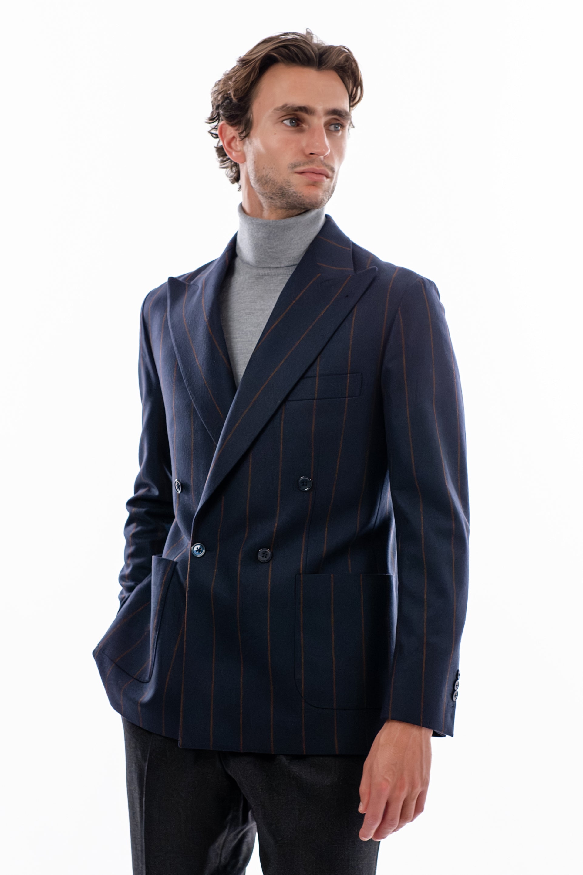 Blue and brown pinstripe double breasted blazer
