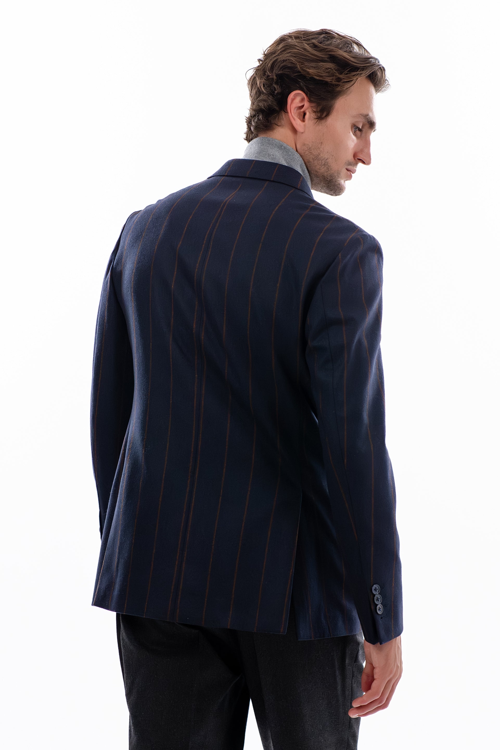 Blue and brown pinstripe double breasted blazer