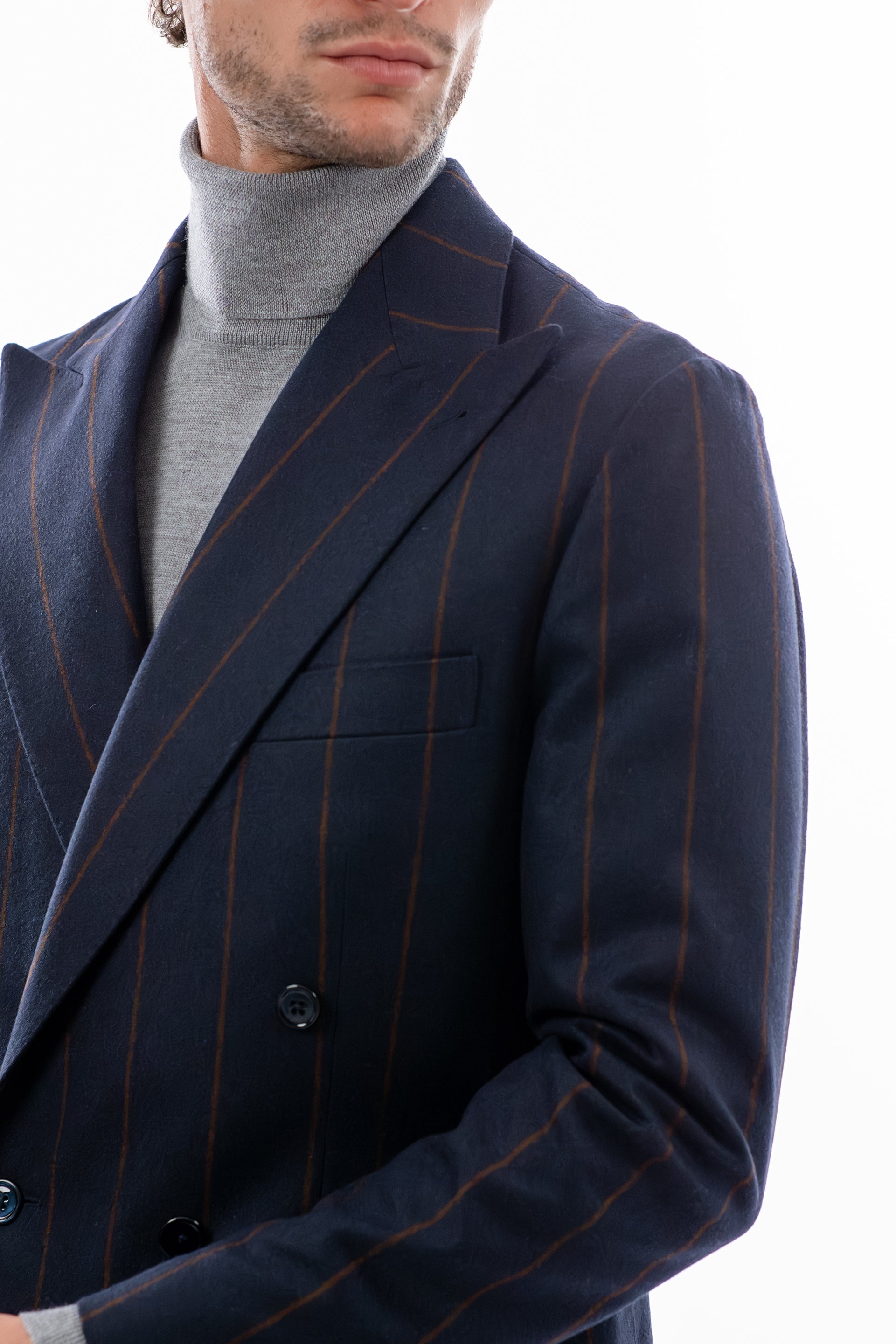 Blue and brown pinstripe double breasted blazer