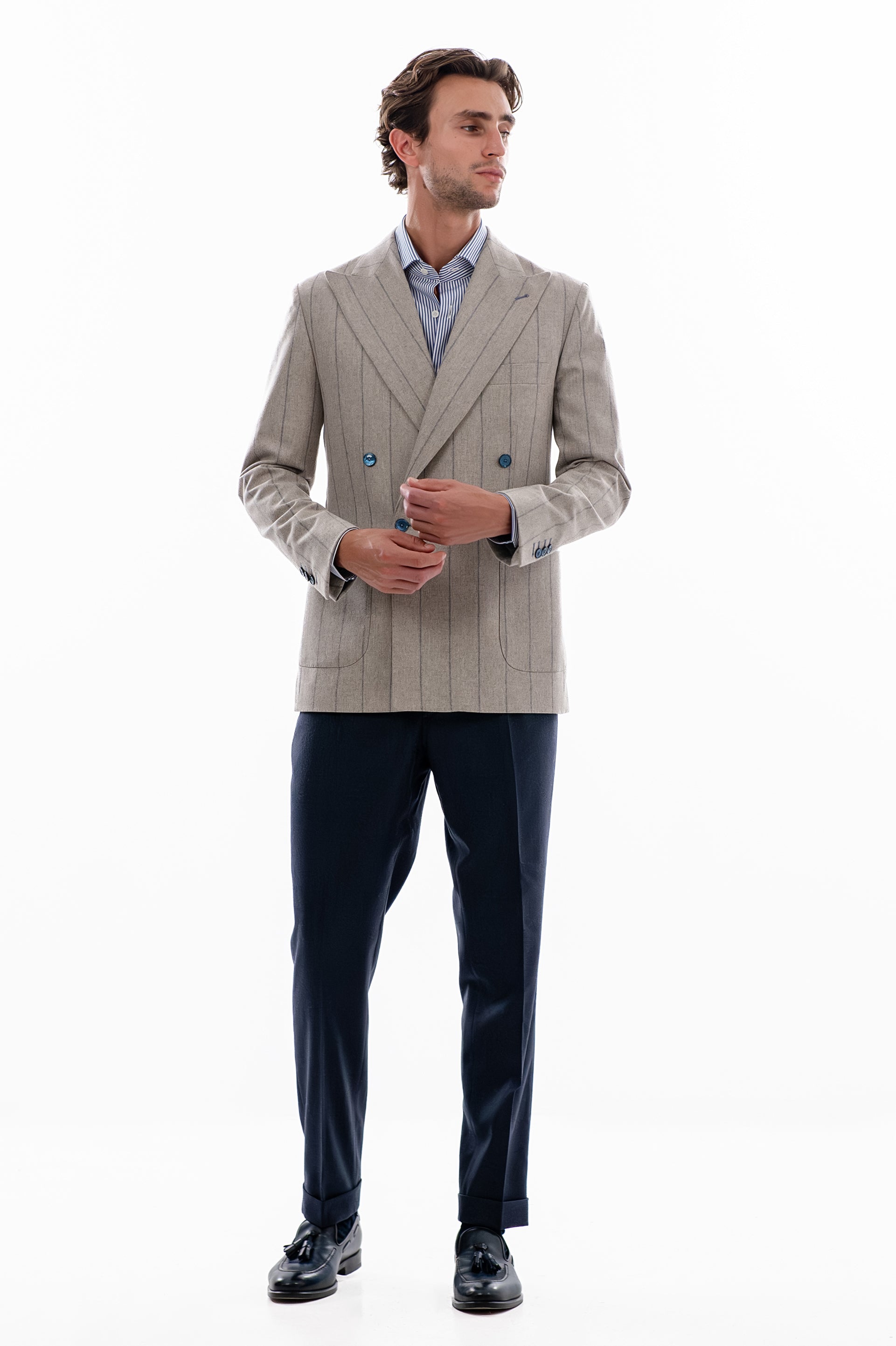 Beige and ciel pinstripe double breasted blazer