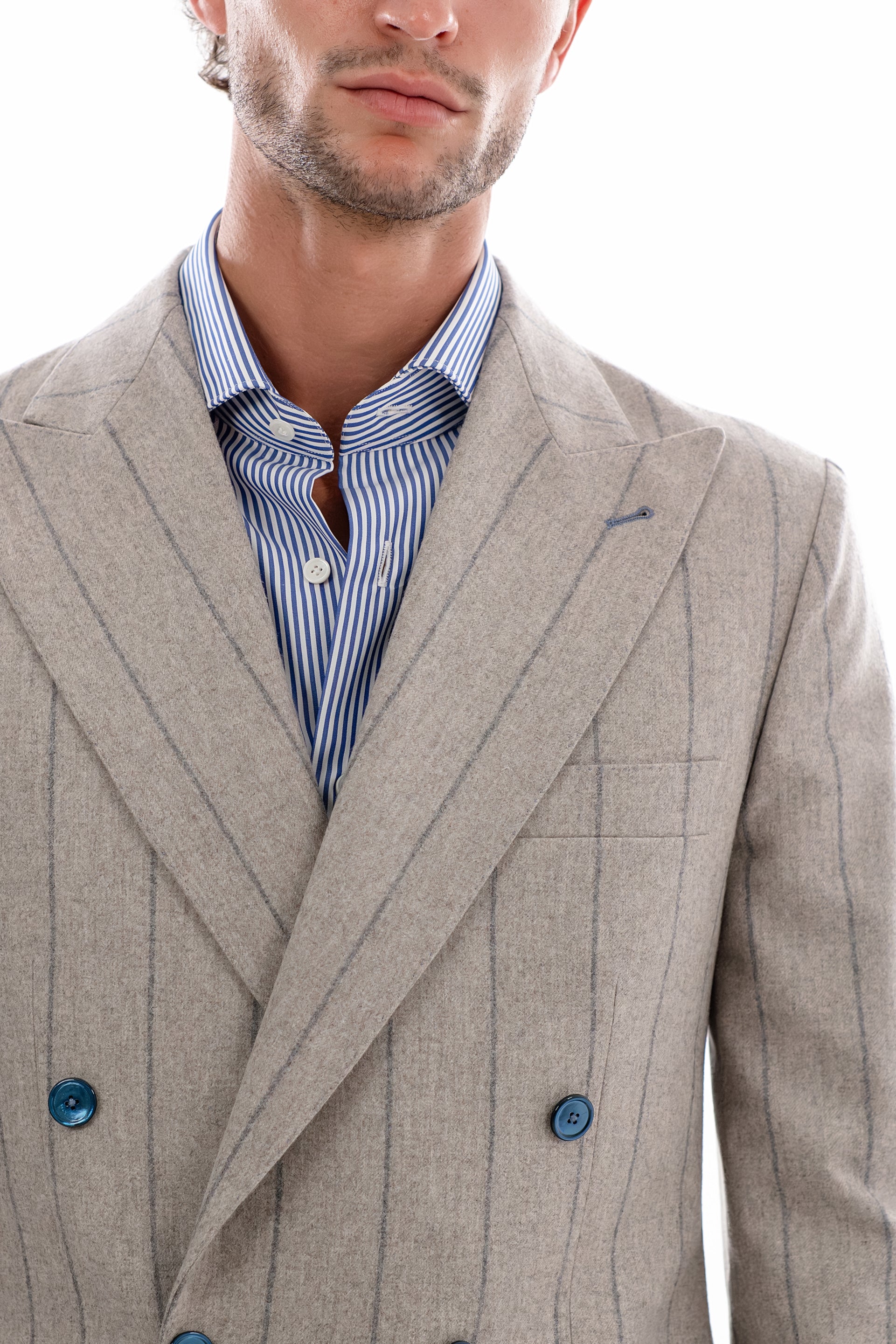 Beige and ciel pinstripe double breasted blazer
