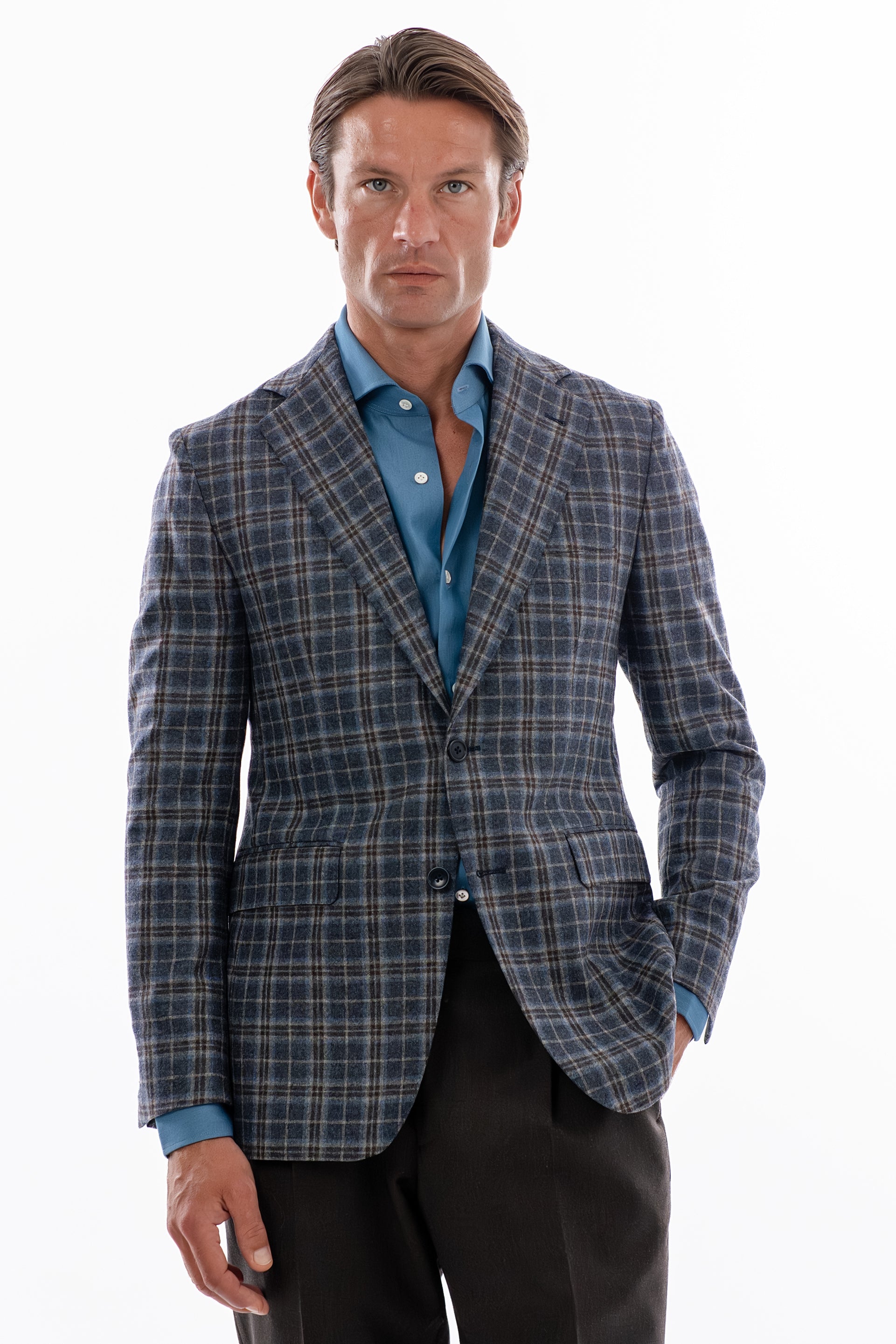 Blue and grey windowpane blazer