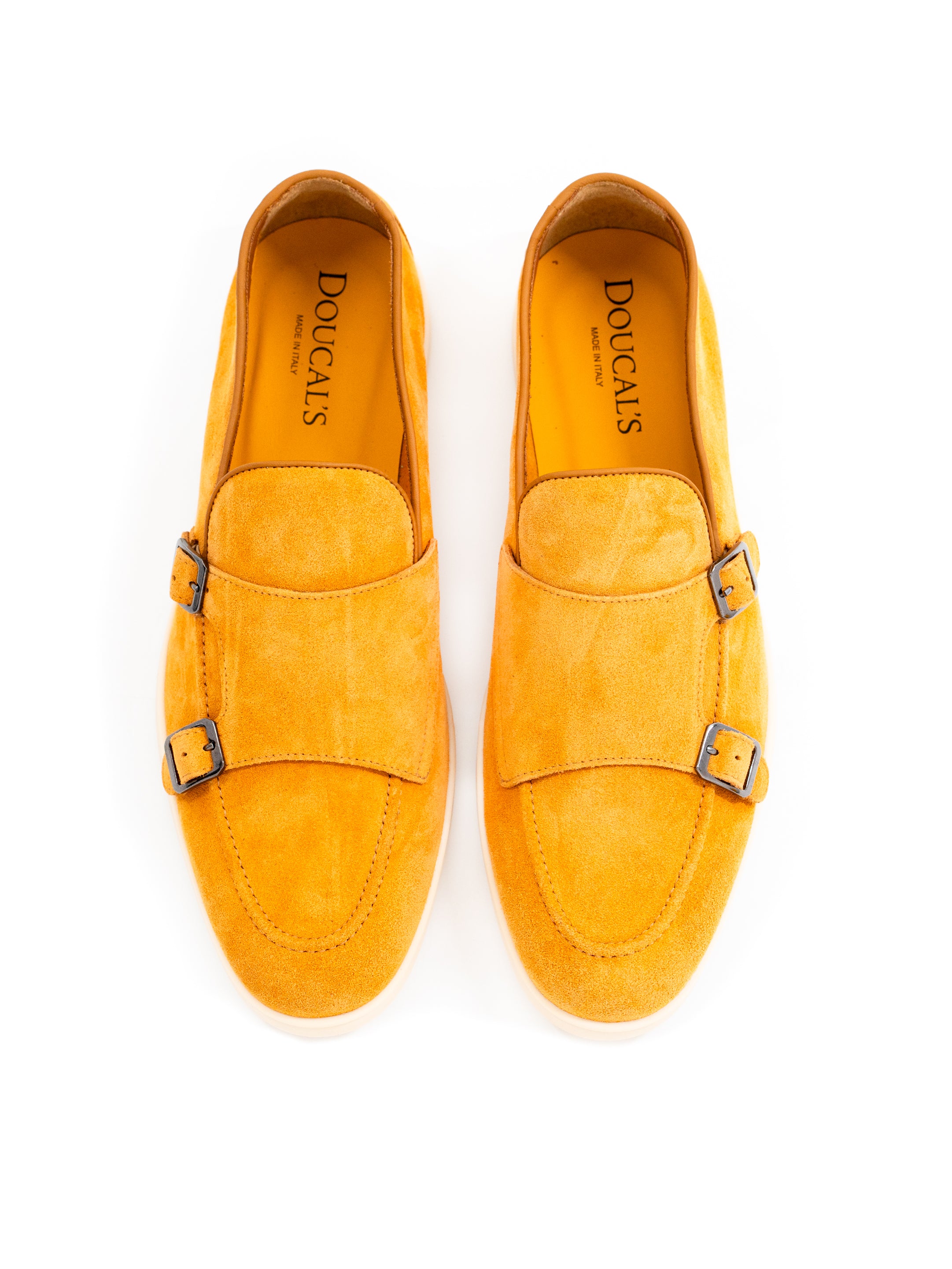 Mustard yellow double monk loafers white sole