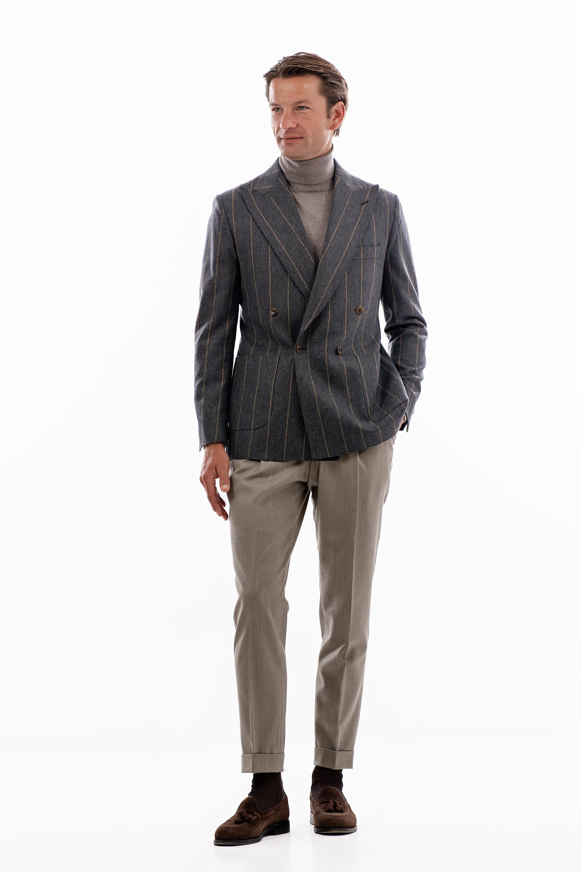 Gray and brown pinstripe double breasted blazer