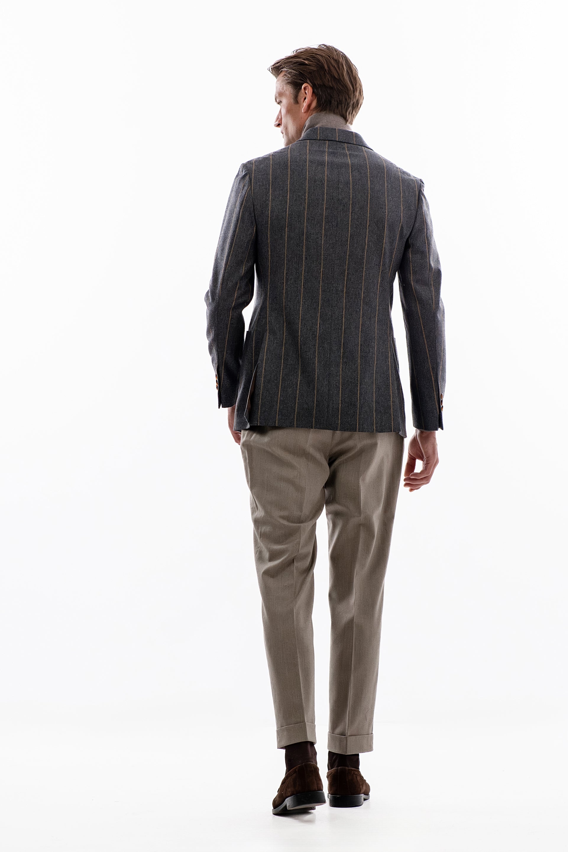 Gray and brown pinstripe double breasted blazer