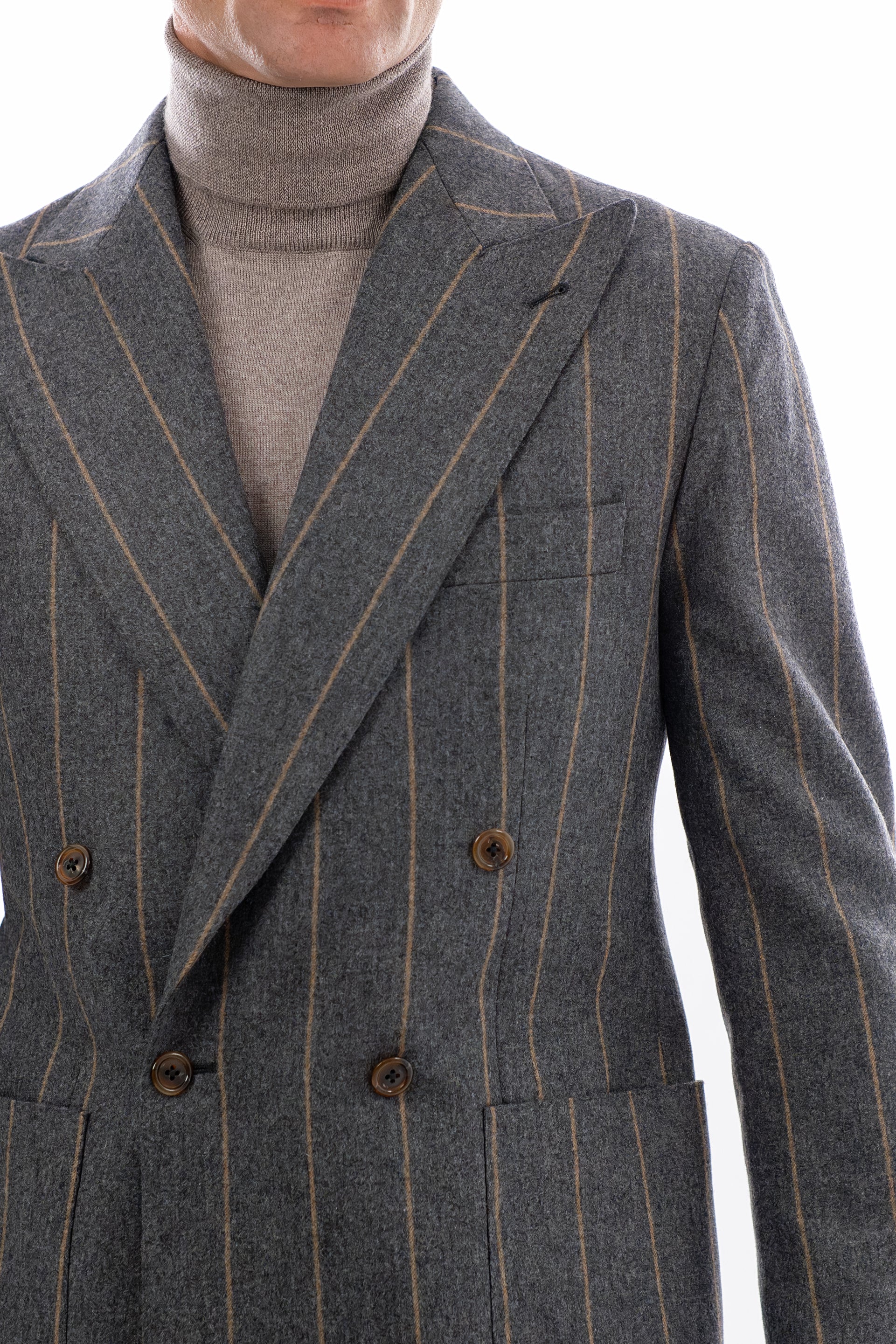 Gray and brown pinstripe double breasted blazer