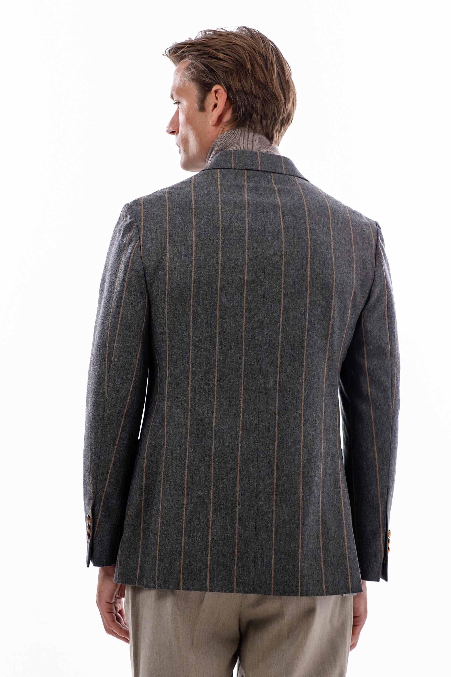 Gray and brown pinstripe double breasted blazer