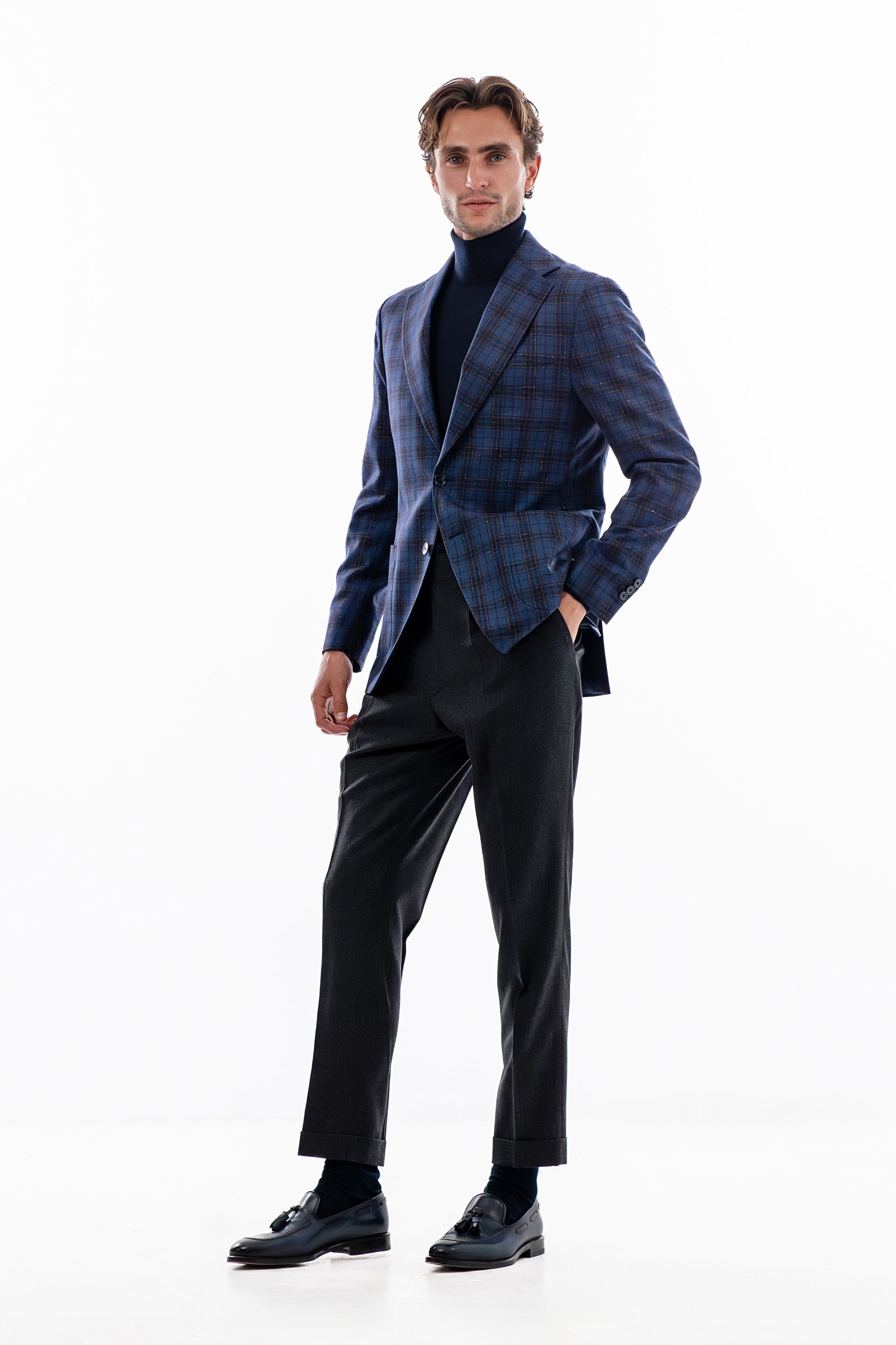 Blue and brown windowpane blazer