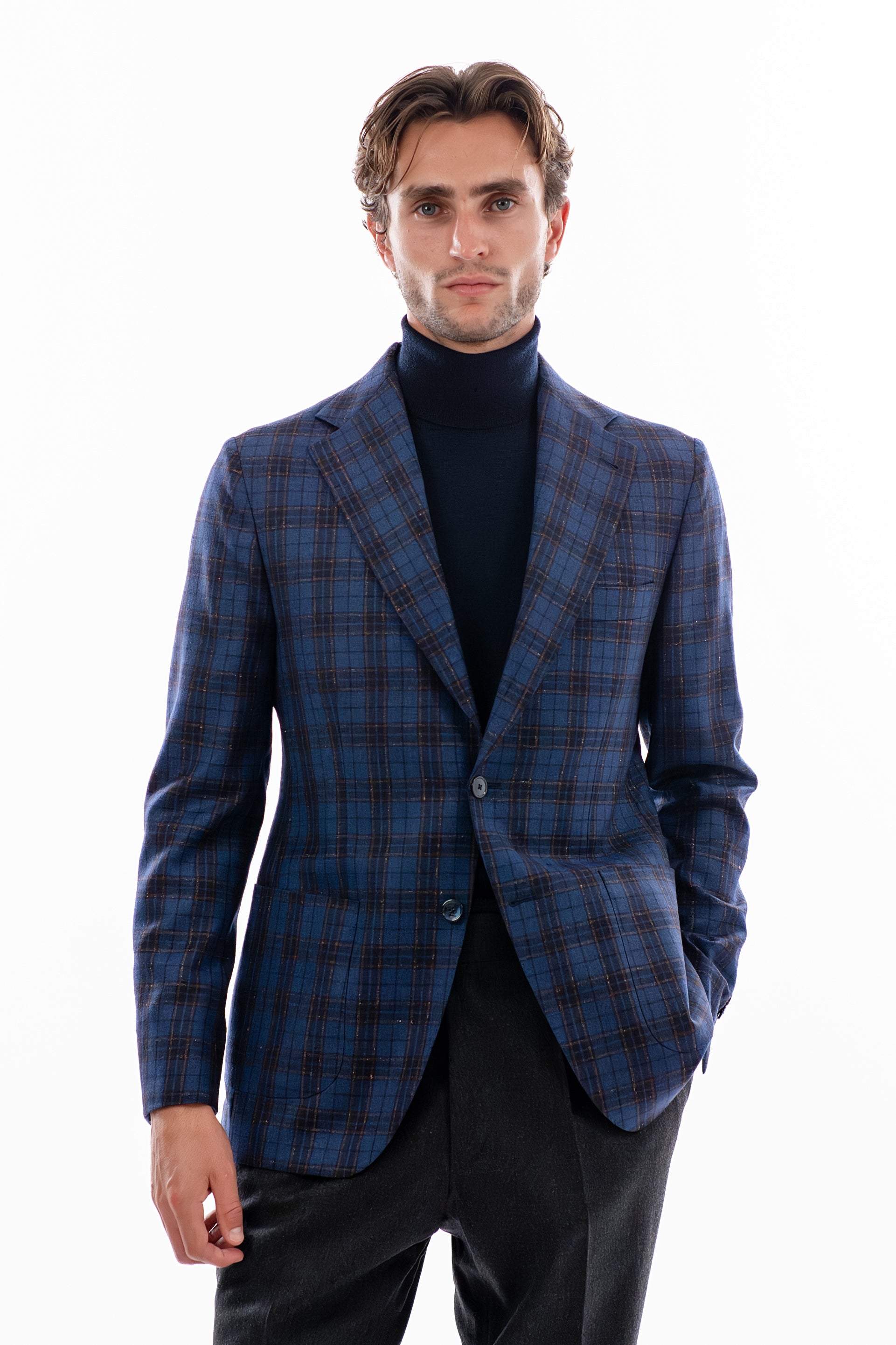 Blue and brown windowpane blazer