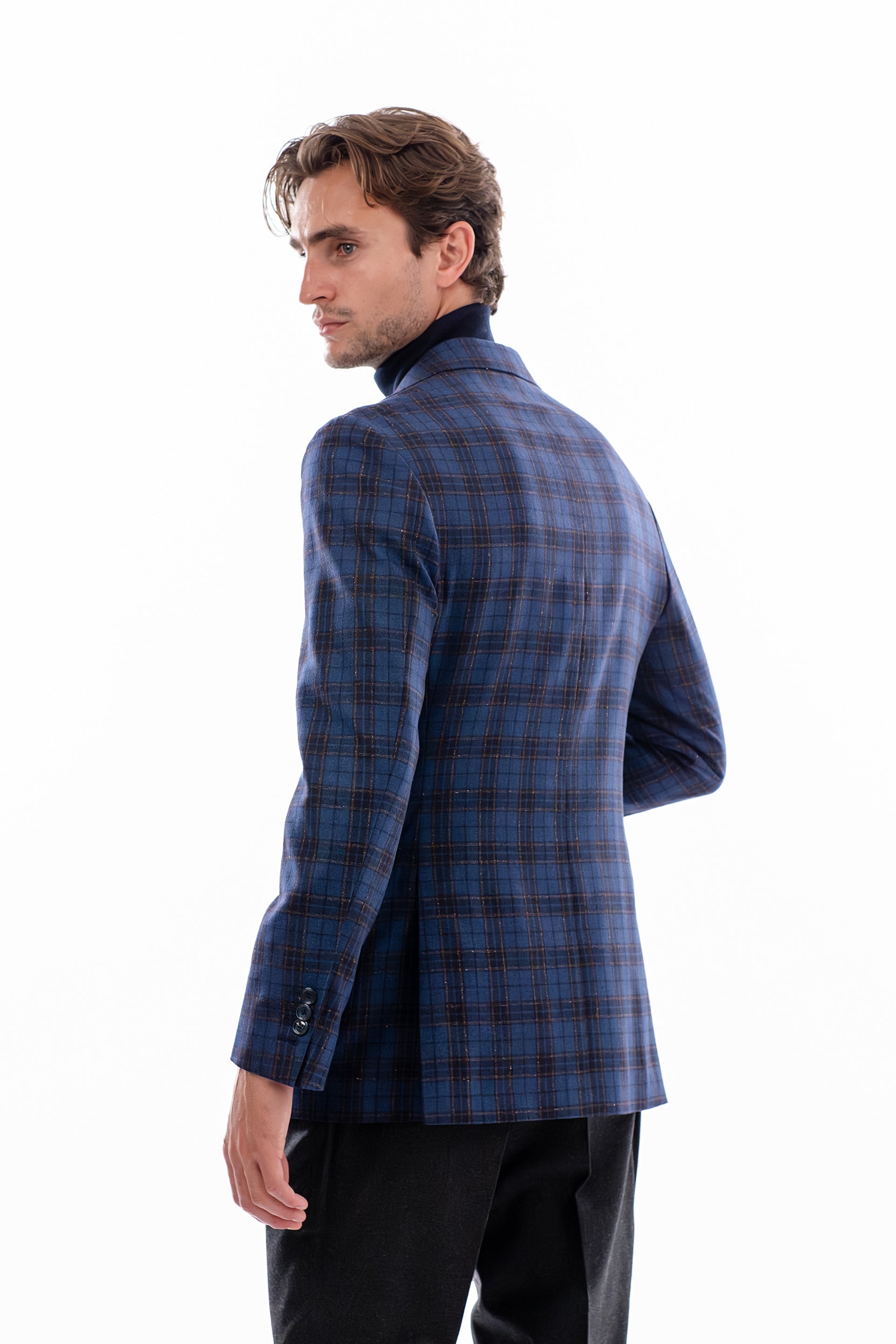 Blue and brown windowpane blazer