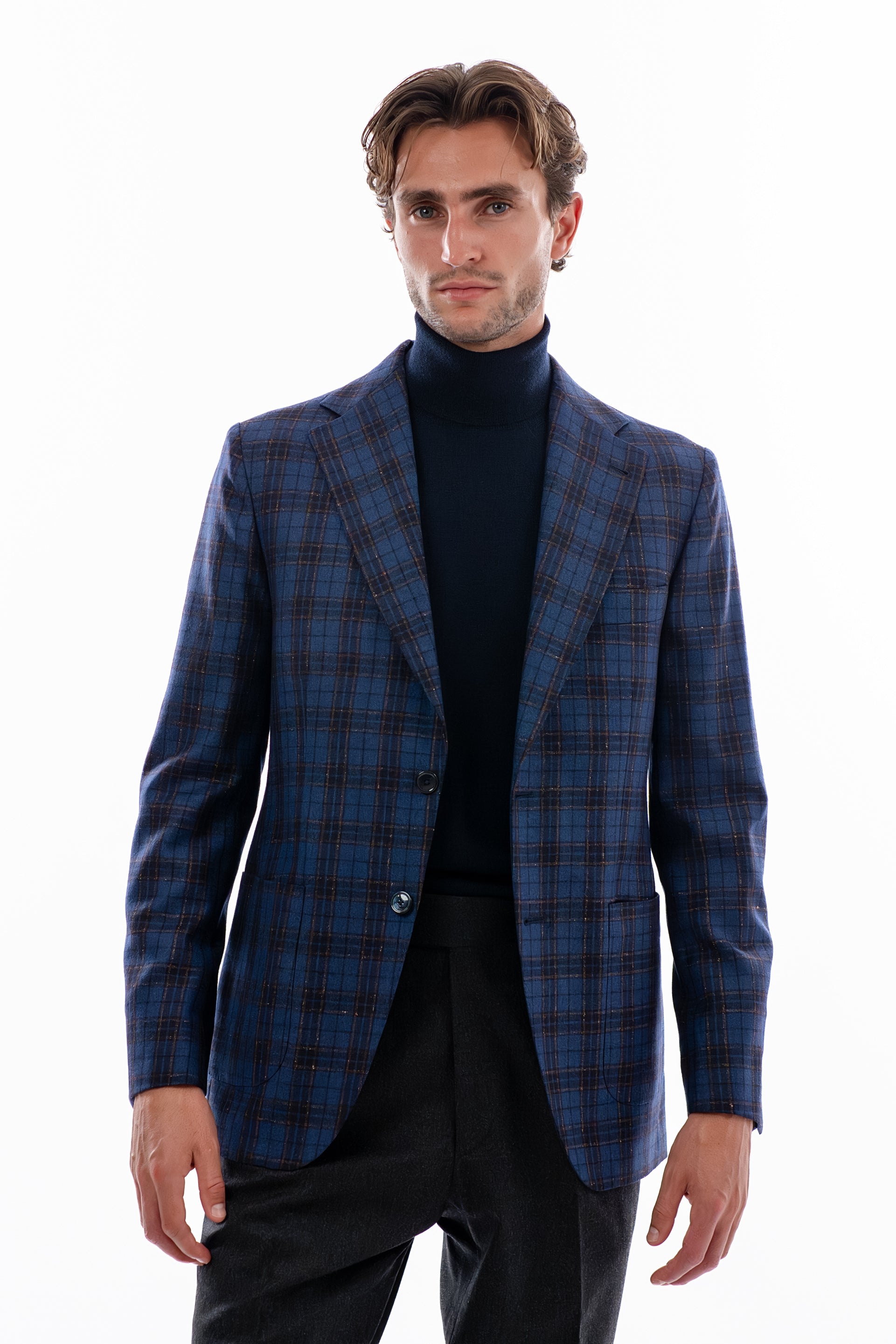 Blue and brown windowpane blazer