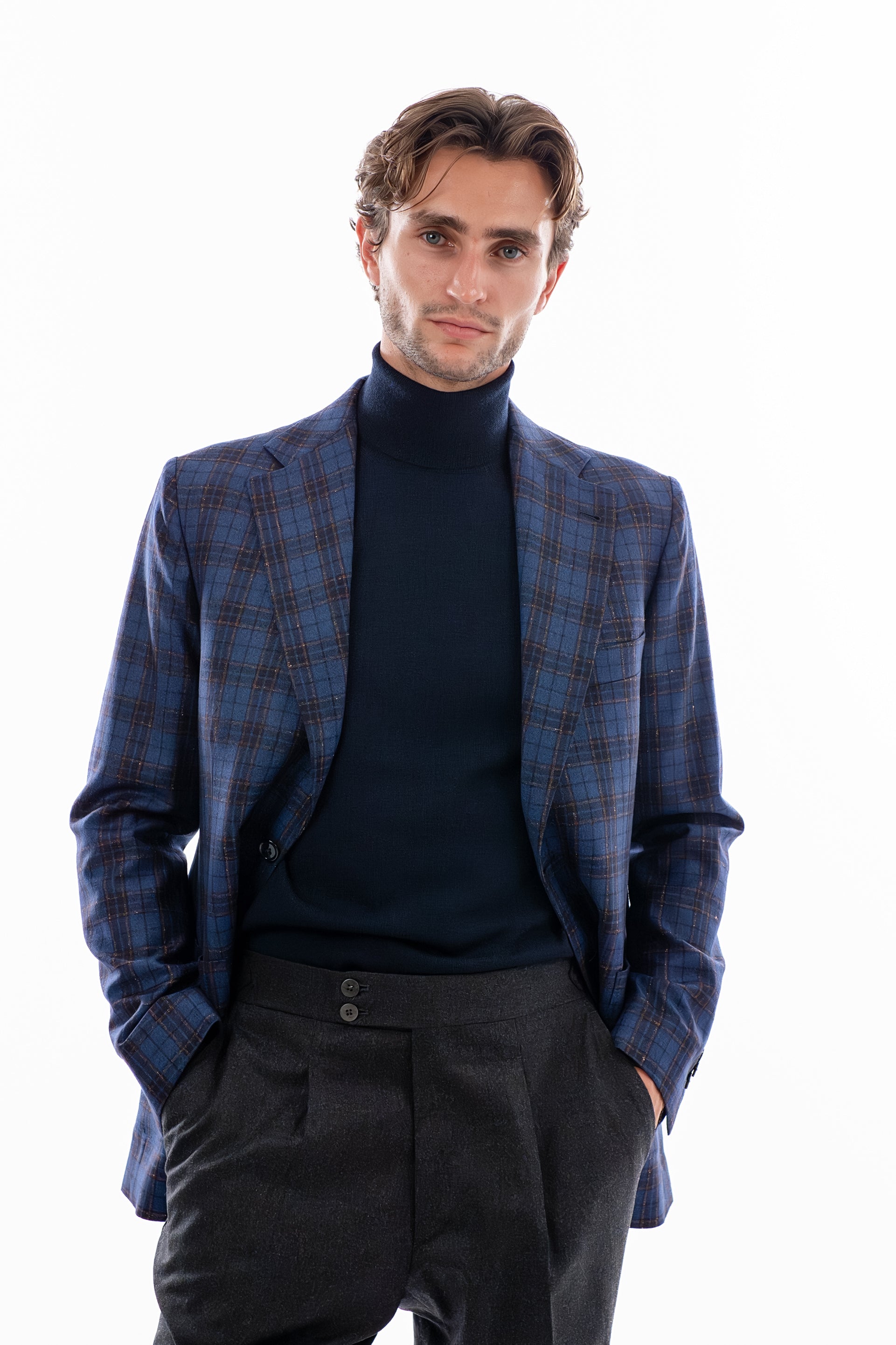 Blue and brown windowpane blazer