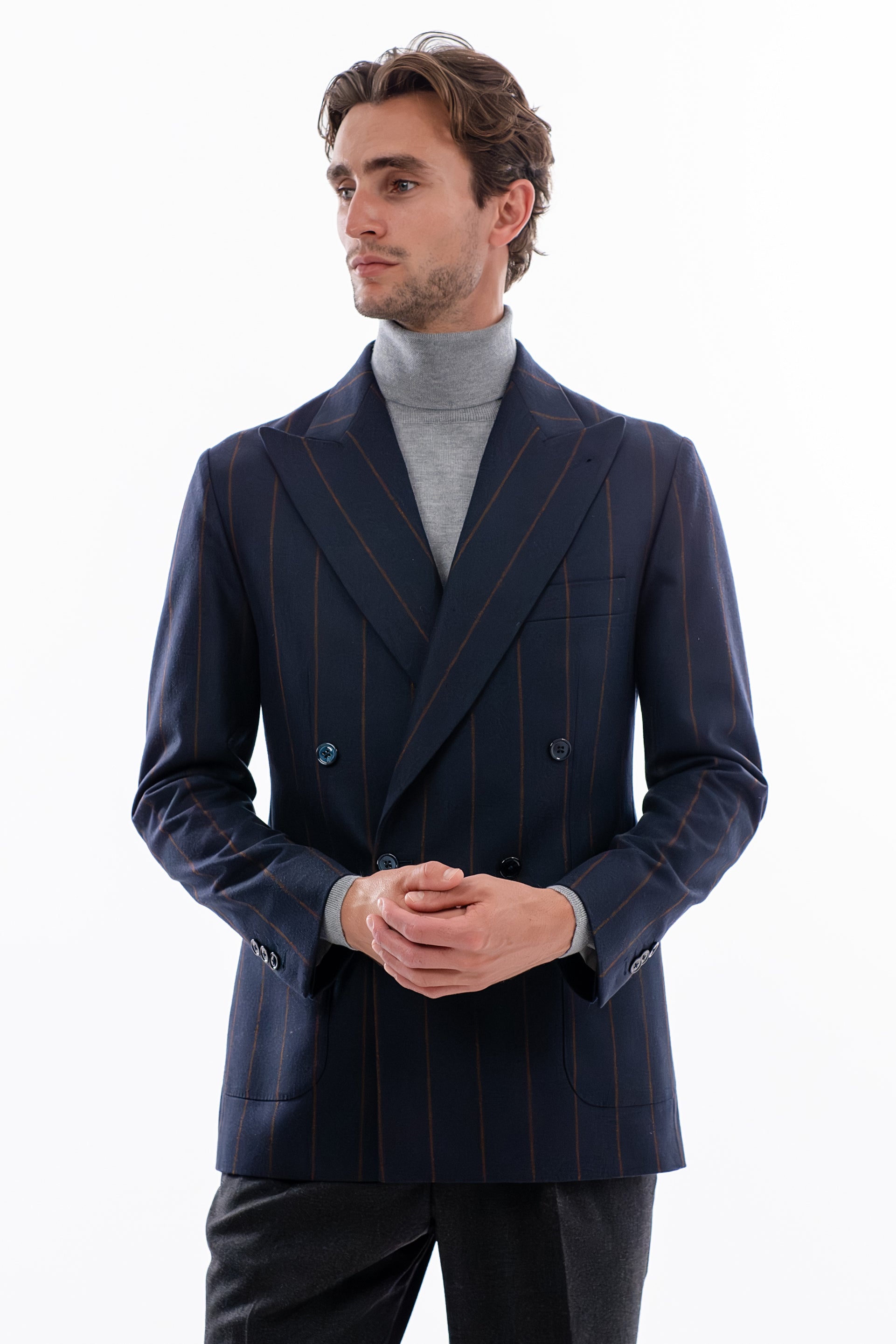 Blue and brown pinstripe double breasted blazer