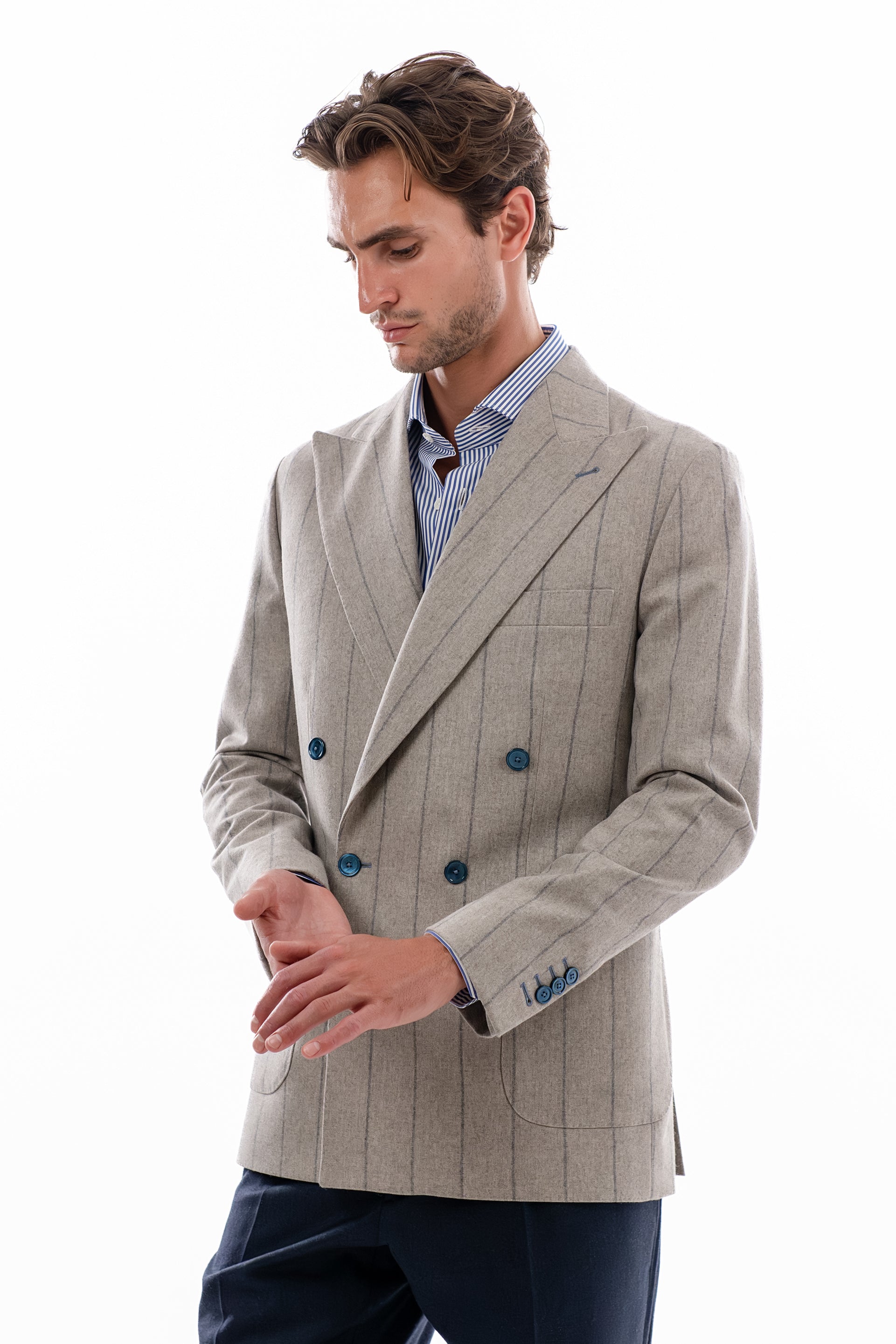 Beige and ciel pinstripe double breasted blazer