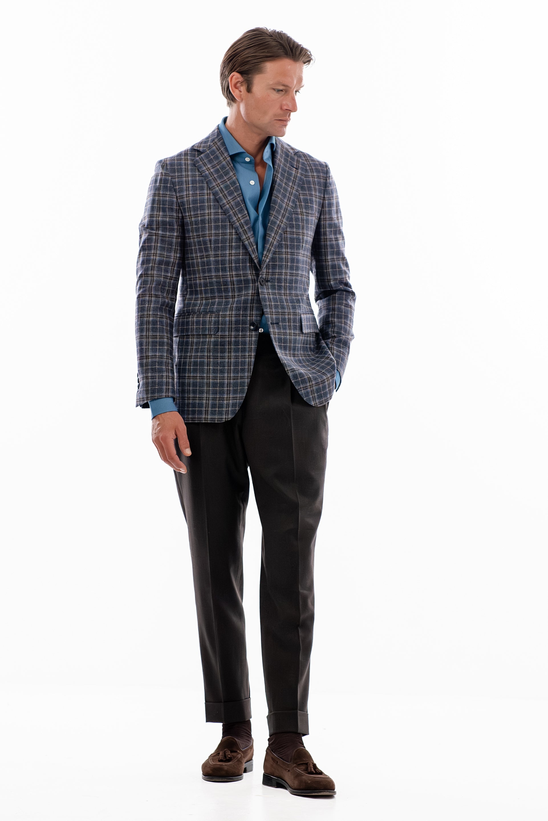 Blue and grey windowpane blazer