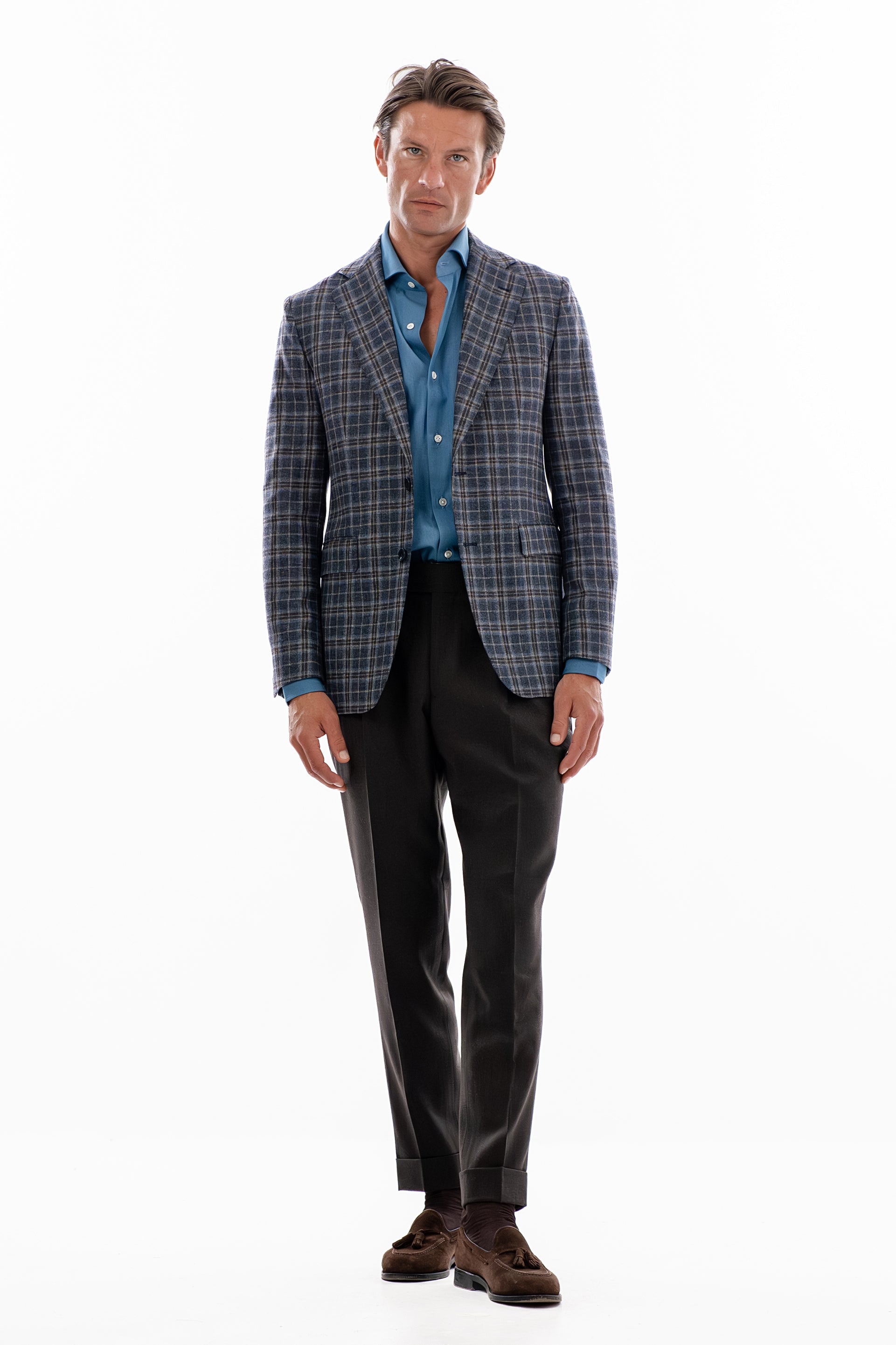 Blue and grey windowpane blazer