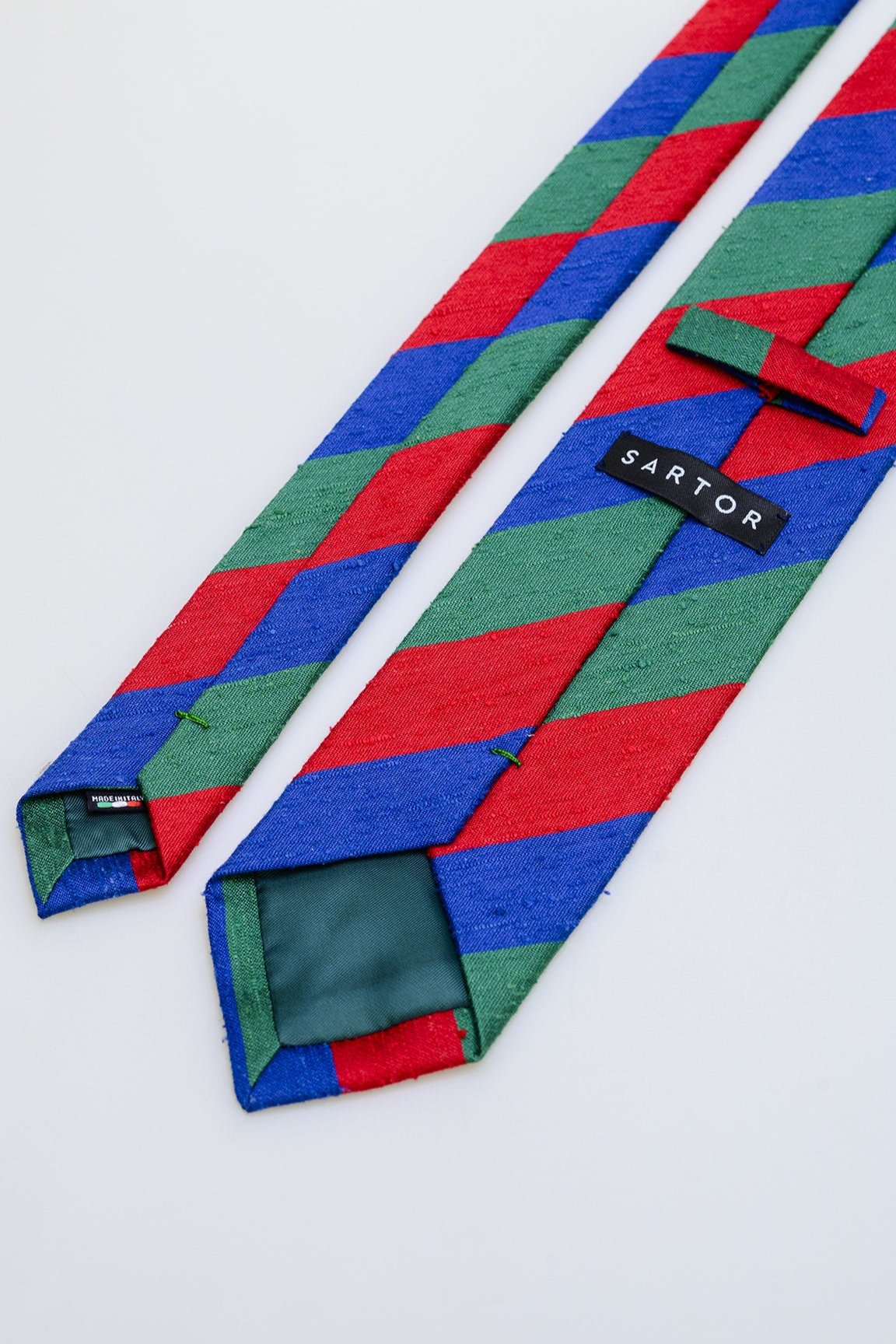 3fold blue red and green striped silk tie