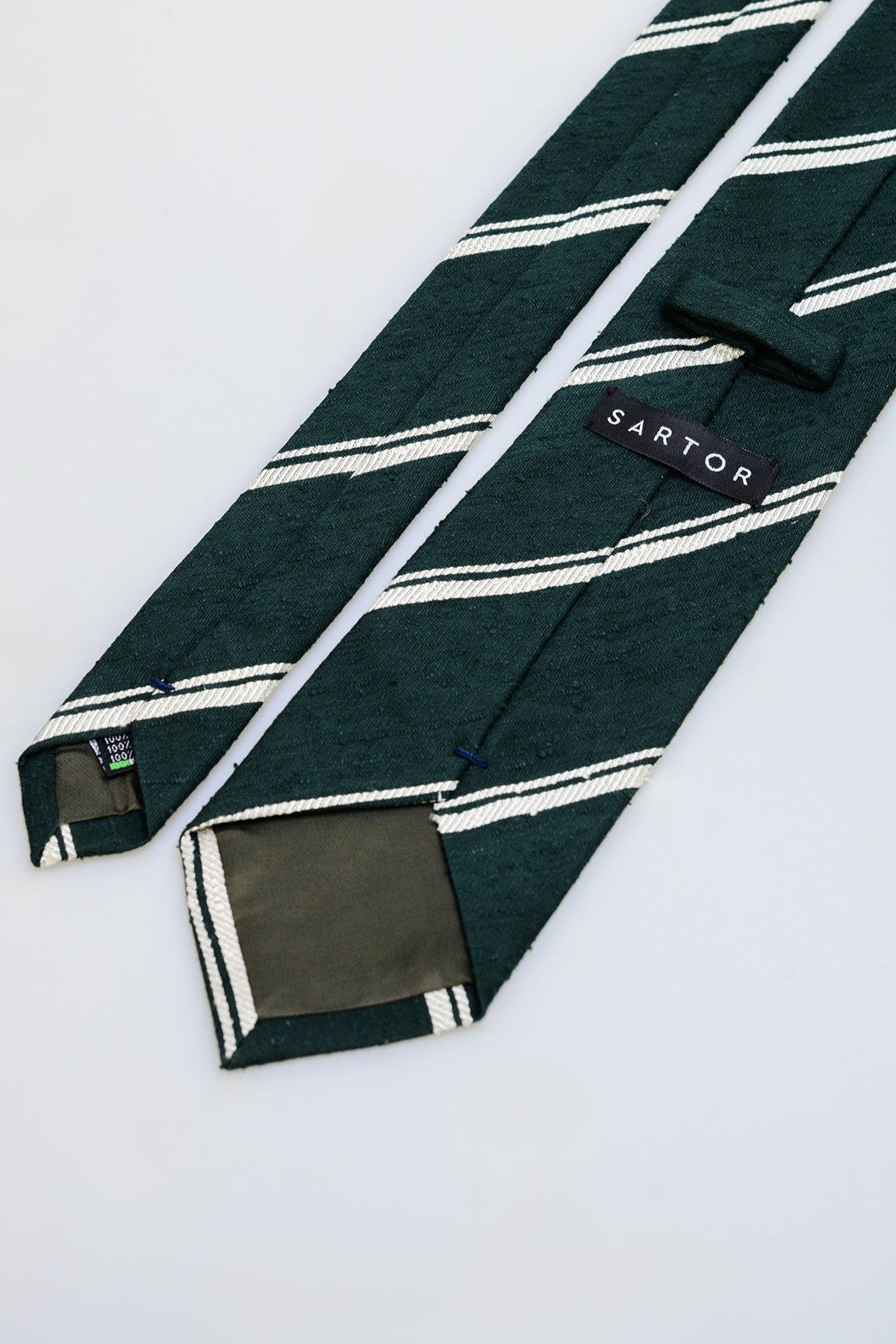 3fold green and white striped silk tie